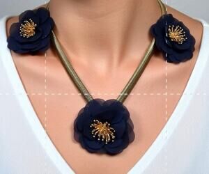 Vintage Navy Floral Statement Necklace 15 Inch Gold Tone Unsigned 1980s